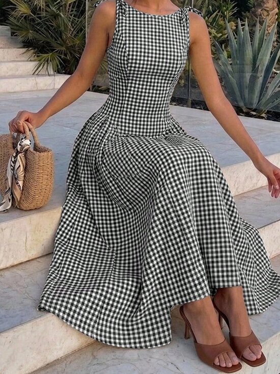 Dresses & Skirts - Black and White Elegant Women's Knot Ruched Zipper Plaid A-Line Midi Dress